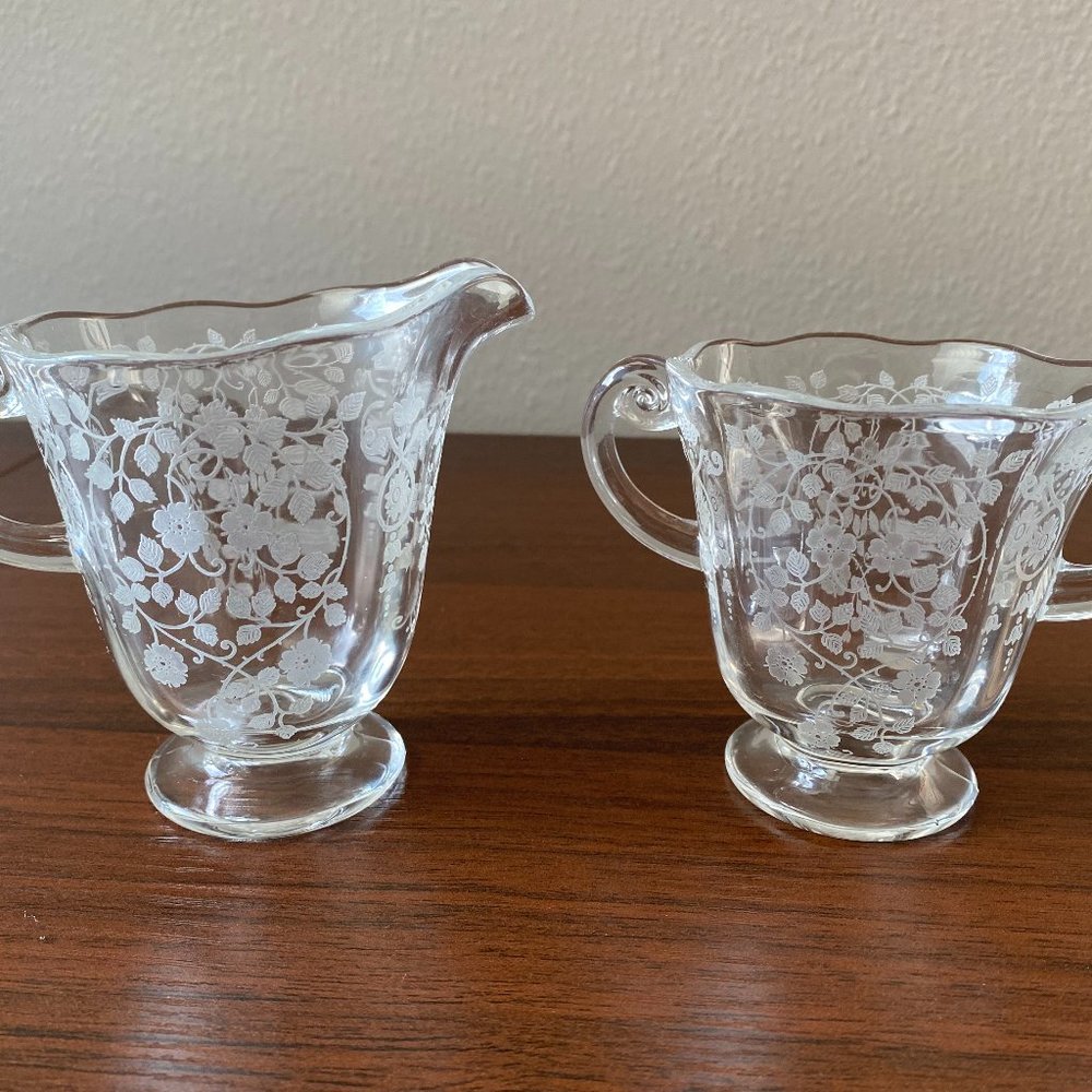 Vintage Fostoria Crystal Glass Arcady Pattern Etched Cream and Sugar Bowl Set